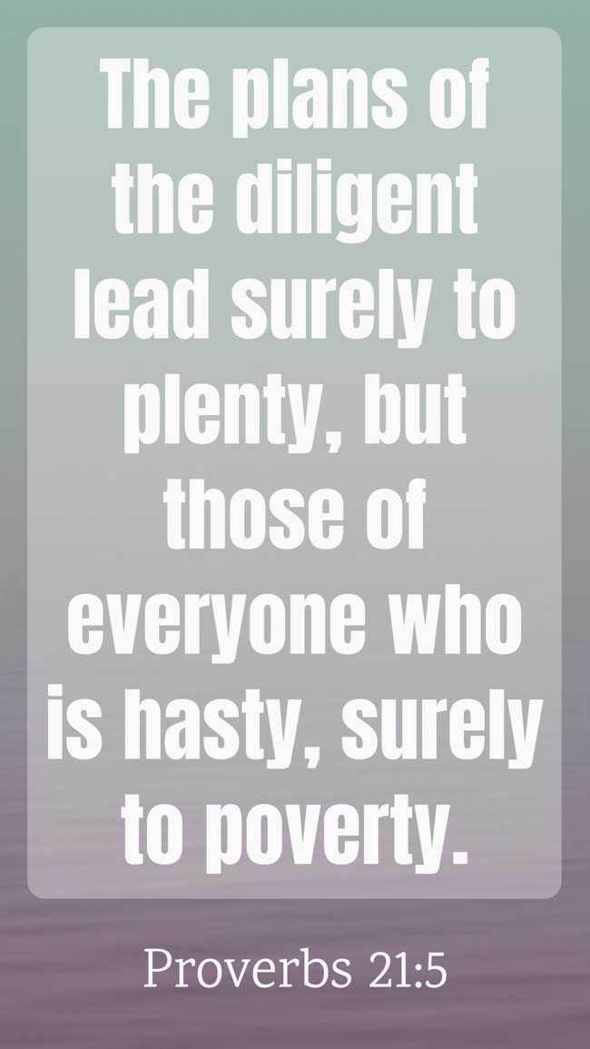 The plans of the diligent lead surely to plenty, but those of everyone who is hasty, surely to poverty. - Proverbs 21:5
