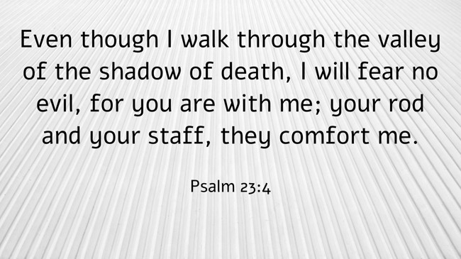  Even though I walk through the valley of the shadow of death, I will fear no evil, for you are with me; your rod and your staff, they comfort me.   - Psalm 23:4 