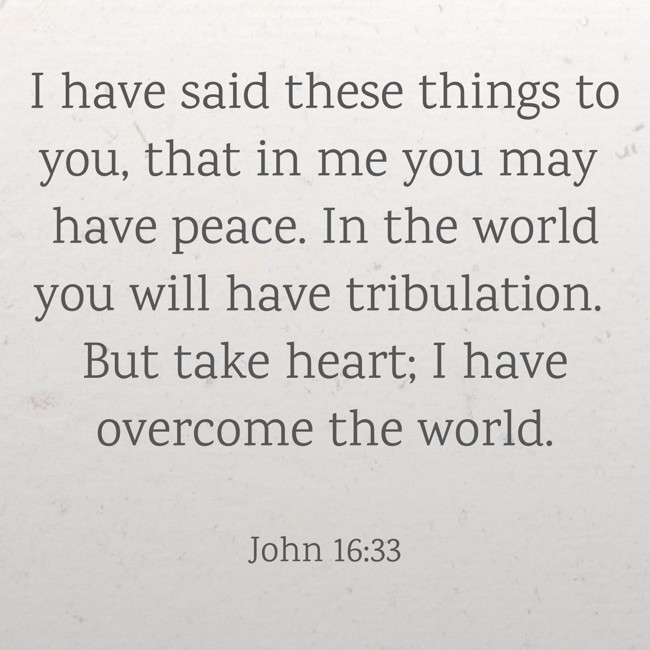  I have said these things to you, that in me you may have peace. In the world you will have tribulation. But take heart; I have overcome the world.   - John 16:33 