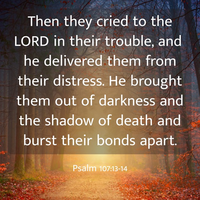  Then they cried to the LORD in their trouble, and he delivered them from their distress. He brought them out of darkness and the shadow of death and burst their bonds apart.   - Psalm 107:13-14 