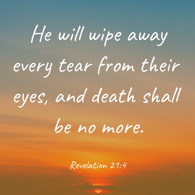 He will wipe away every tear from their eyes, and death shall be no more. - Revelation 21:4