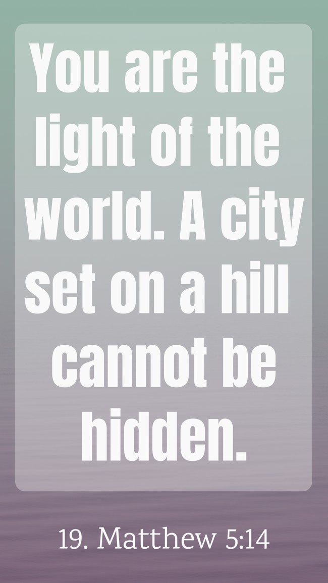 You are the light of the world. A city set on a hill cannot be hidden. - 19. Matthew 5:14