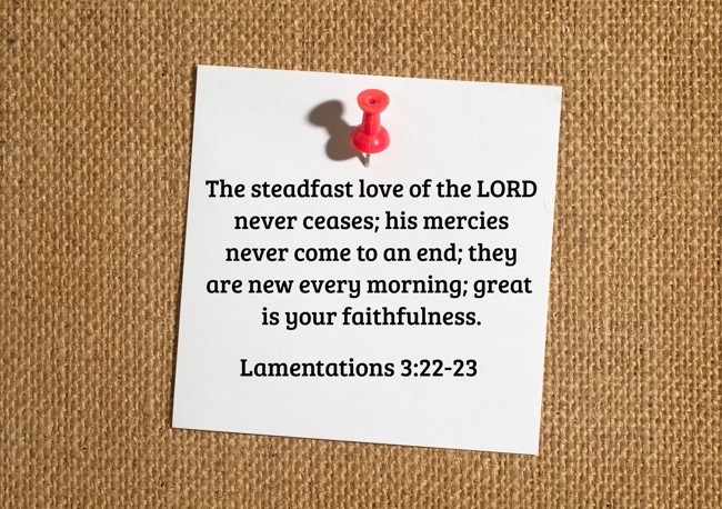 The steadfast love of the LORD never ceases; his mercies never come to an end; they are new every morning; great is your faithfulness. - Lamentations 3:22-23