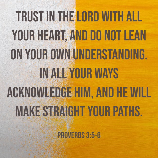 Trust in the LORD with all your heart, and do not lean on your own understanding. In all your ways acknowledge him, and he will make straight your paths. - Proverbs 3:5-6