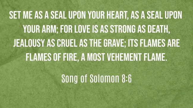 Set me as a seal upon your heart, as a seal upon your arm; for love is as strong as death, jealousy as cruel as the grave; its flames are flames of fire, a most vehement flame. - Song of Solomon 8:6