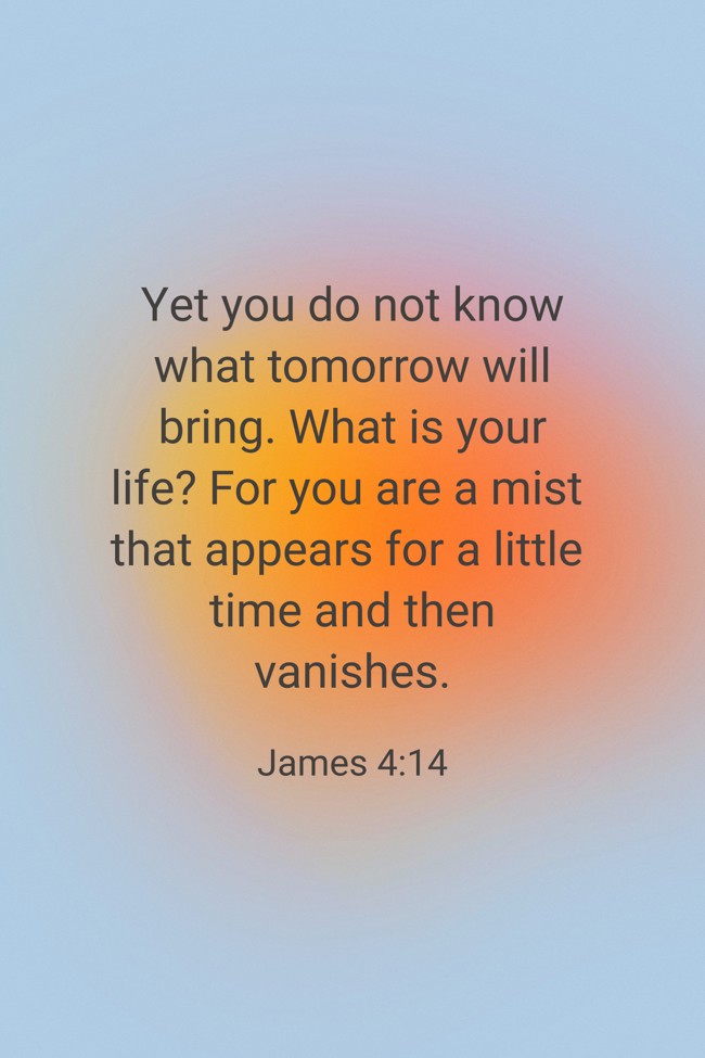 Yet you do not know what tomorrow will bring. What is your life? For you are a mist that appears for a little time and then vanishes. - James 4:14