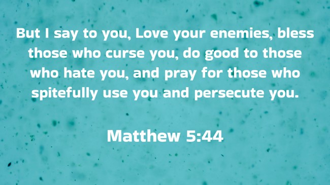 But I say to you, Love your enemies, bless those who curse you, do good to those who hate you, and pray for those who spitefully use you and persecute you. - Matthew 5:44