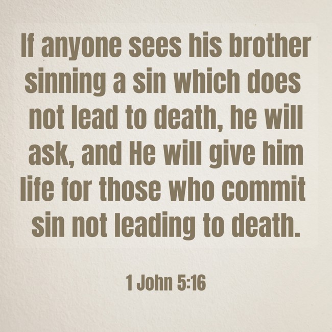 If anyone sees his brother sinning a sin which does not lead to death, he will ask, and He will give him life for those who commit sin not leading to death. - 1 John 5:16