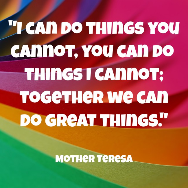I can do things you cannot, you can do things I cannot; together we can do great things. - Mother Teresa