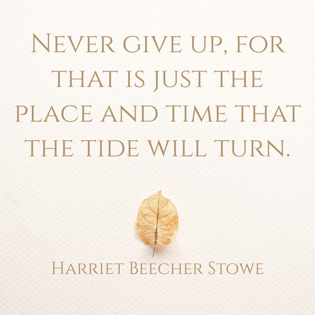 Never give up, for that is just the place and time that the tide will turn. - Harriet Beecher Stowe