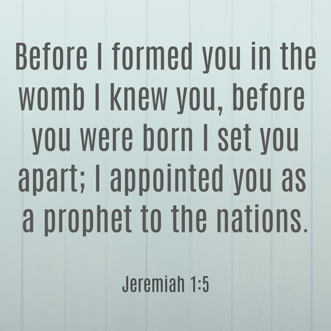 Before I formed you in the womb I knew you, before you were born I set you apart; I appointed you as a prophet to the nations. - Jeremiah 1:5