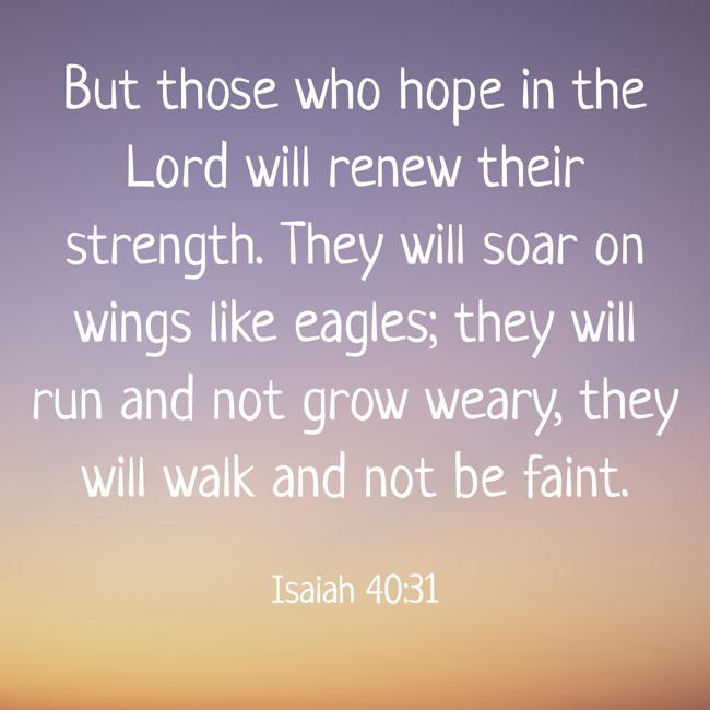 But those who hope in the Lord will renew their strength. They will soar on wings like eagles; they will run and not grow weary, they will walk and not be faint. - Isaiah 40:31