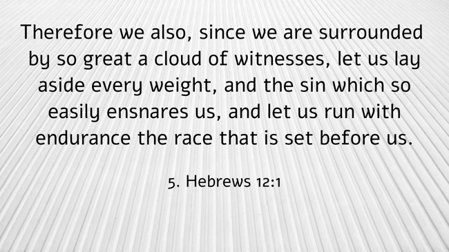  Therefore we also, since we are surrounded by so great a cloud of witnesses, let us lay aside every weight, and the sin which so easily ensnares us, and let us run with endurance the race that is set before us.   - 5. Hebrews 12:1 