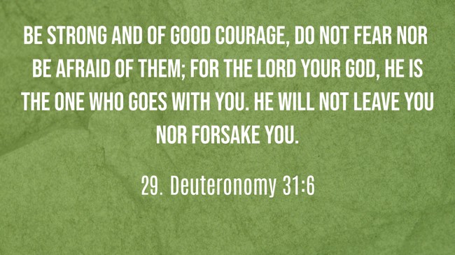  Be strong and of good courage, do not fear nor be afraid of them; for the LORD your God, He is the One who goes with you. He will not leave you nor forsake you.   - 29. Deuteronomy 31:6 