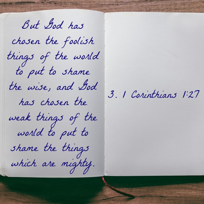 But God has chosen the foolish things of the world to put to shame the wise, and God has chosen the weak things of the world to put to shame the things which are mighty. - 3. 1 Corinthians 1:27