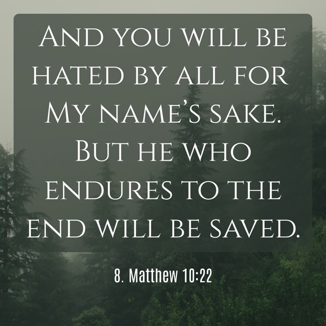 And you will be hated by all for My name’s sake. But he who endures to the end will be saved. - 8. Matthew 10:22