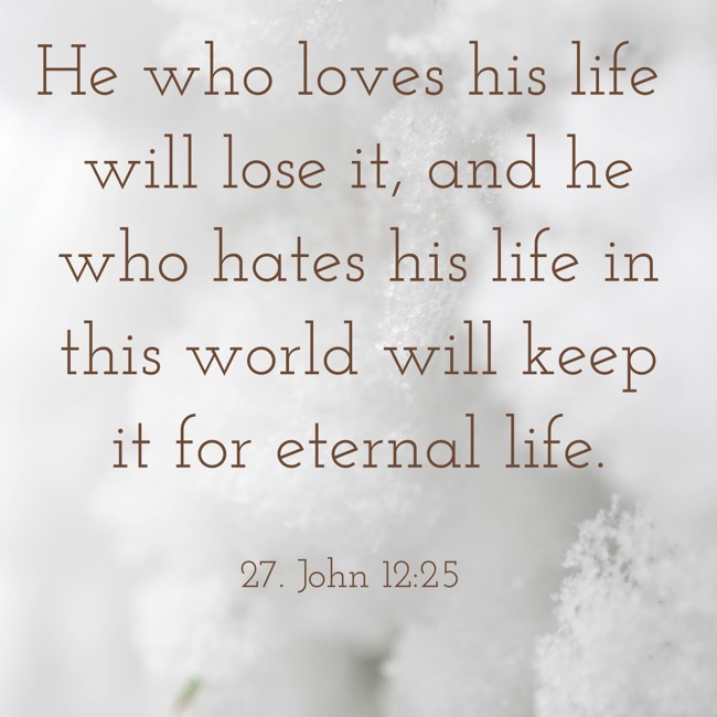 He who loves his life will lose it, and he who hates his life in this world will keep it for eternal life. - 27. John 12:25