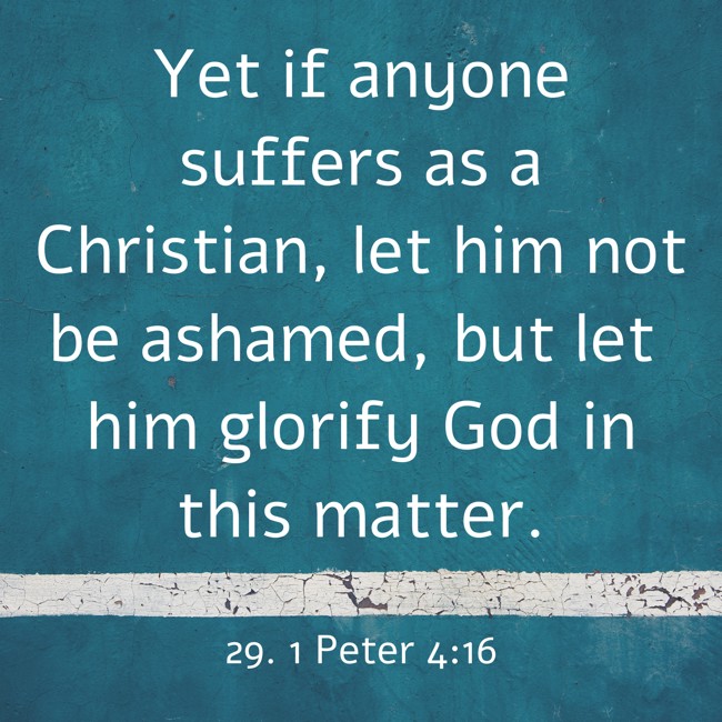 Yet if anyone suffers as a Christian, let him not be ashamed, but let him glorify God in this matter. - 29. 1 Peter 4:16