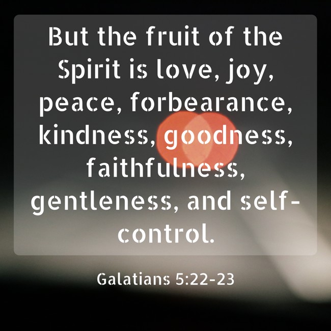 But the fruit of the Spirit is love, joy, peace, forbearance, kindness, goodness, faithfulness, gentleness, and self-control. - Galatians 5:22-23