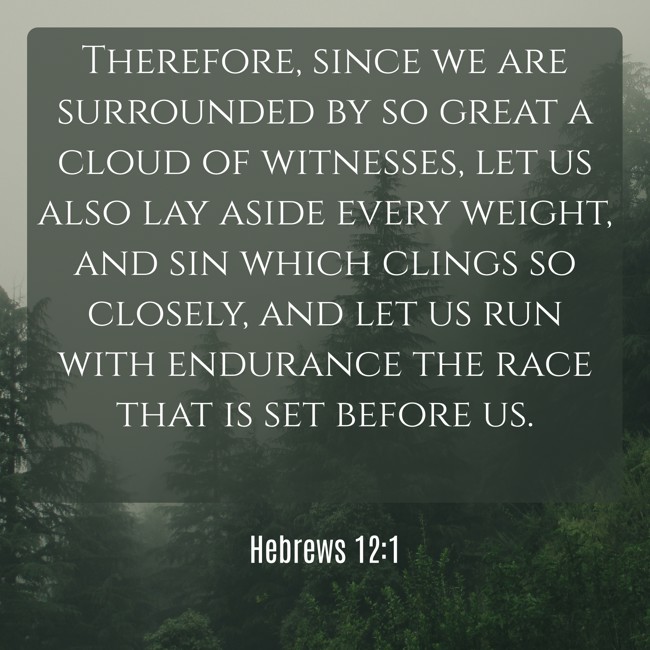  Therefore, since we are surrounded by so great a cloud of witnesses, let us also lay aside every weight, and sin which clings so closely, and let us run with endurance the race that is set before us.   - Hebrews 12:1 