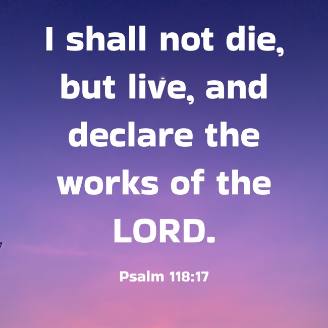 I shall not die, but live, and declare the works of the LORD. - Psalm 118:17