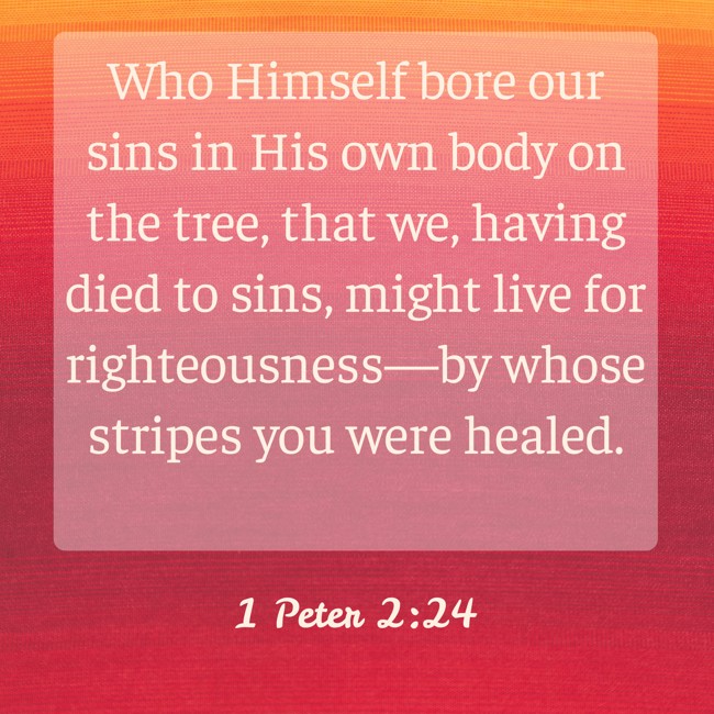 Who Himself bore our sins in His own body on the tree, that we, having died to sins, might live for righteousness—by whose stripes you were healed. - 1 Peter 2:24