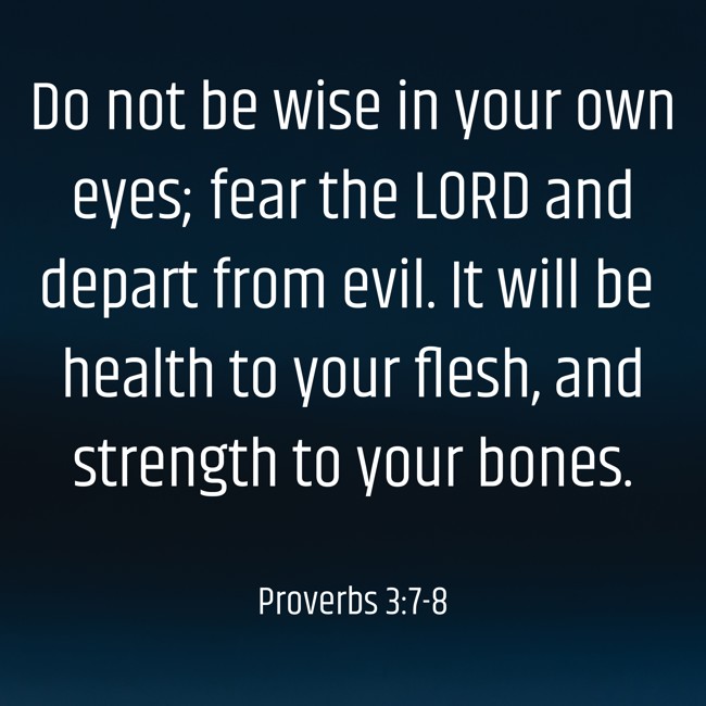 Do not be wise in your own eyes; fear the LORD and depart from evil. It will be health to your flesh, and strength to your bones. - Proverbs 3:7-8
