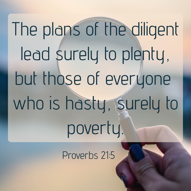 The plans of the diligent lead surely to plenty, but those of everyone who is hasty, surely to poverty. - Proverbs 21:5