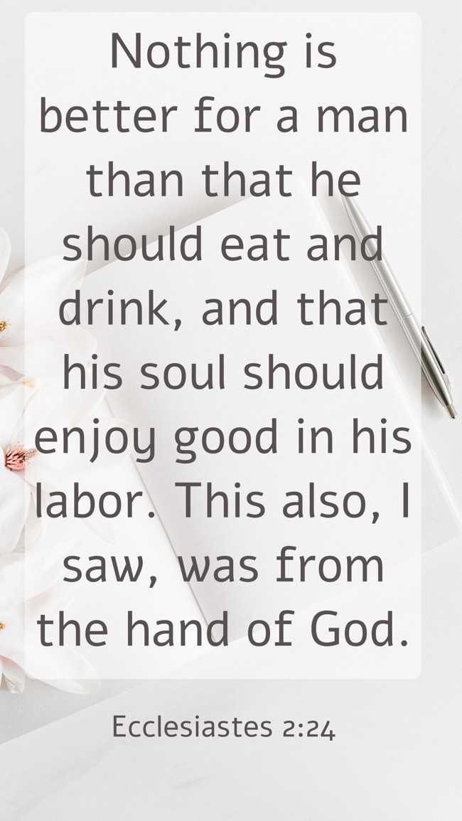 Nothing is better for a man than that he should eat and drink, and that his soul should enjoy good in his labor. This also, I saw, was from the hand of God. - Ecclesiastes 2:24