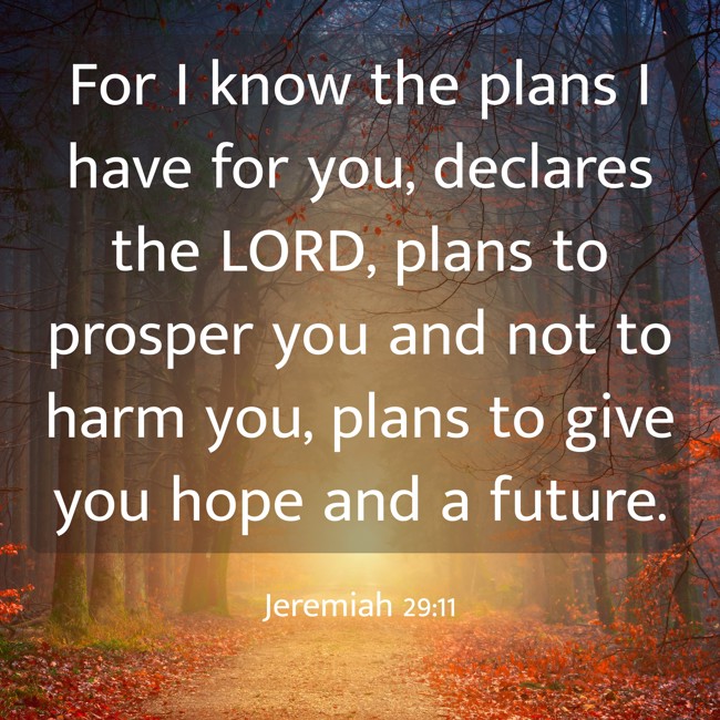  For I know the plans I have for you, declares the LORD, plans to prosper you and not to harm you, plans to give you hope and a future.   - Jeremiah 29:11 