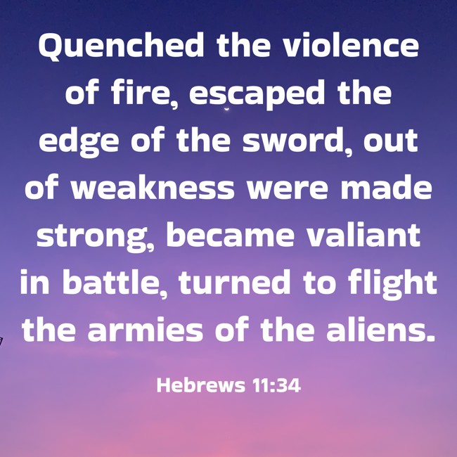 Quenched the violence of fire, escaped the edge of the sword, out of weakness were made strong, became valiant in battle, turned to flight the armies of the aliens. - Hebrews 11:34