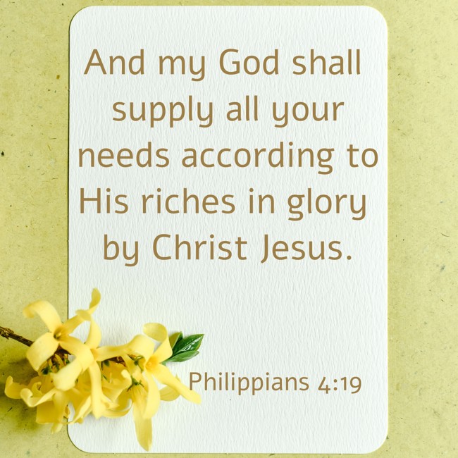 And my God shall supply all your needs according to His riches in glory by Christ Jesus. - Philippians 4:19