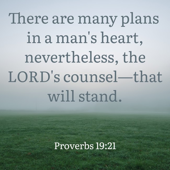 There are many plans in a man's heart, nevertheless, the LORD's counsel—that will stand. - Proverbs 19:21