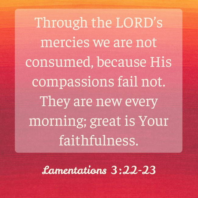 Through the LORD’s mercies we are not consumed, because His compassions fail not. They are new every morning; great is Your faithfulness. - Lamentations 3:22-23