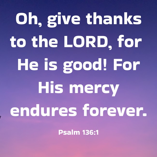 Oh, give thanks to the LORD, for He is good! For His mercy endures forever. - Psalm 136:1