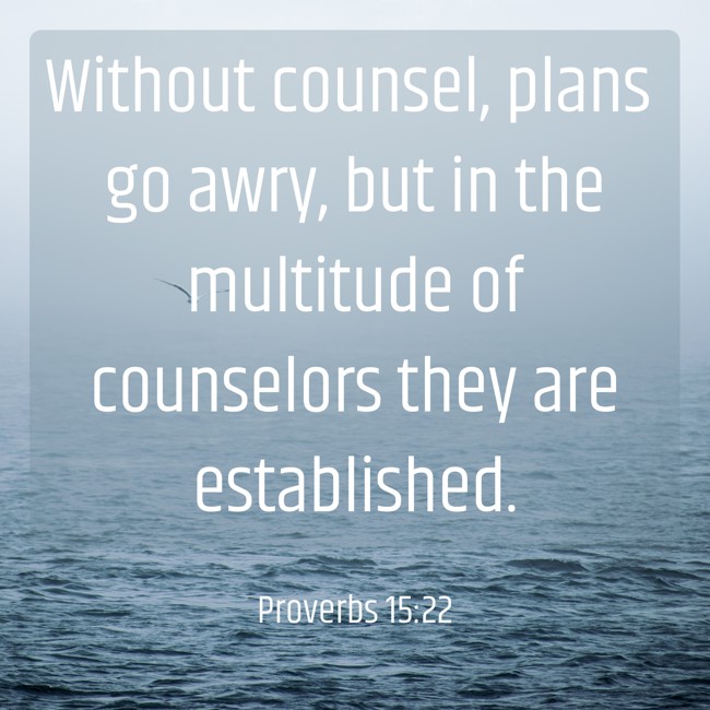 Without counsel, plans go awry, but in the multitude of counselors they are established. - Proverbs 15:22