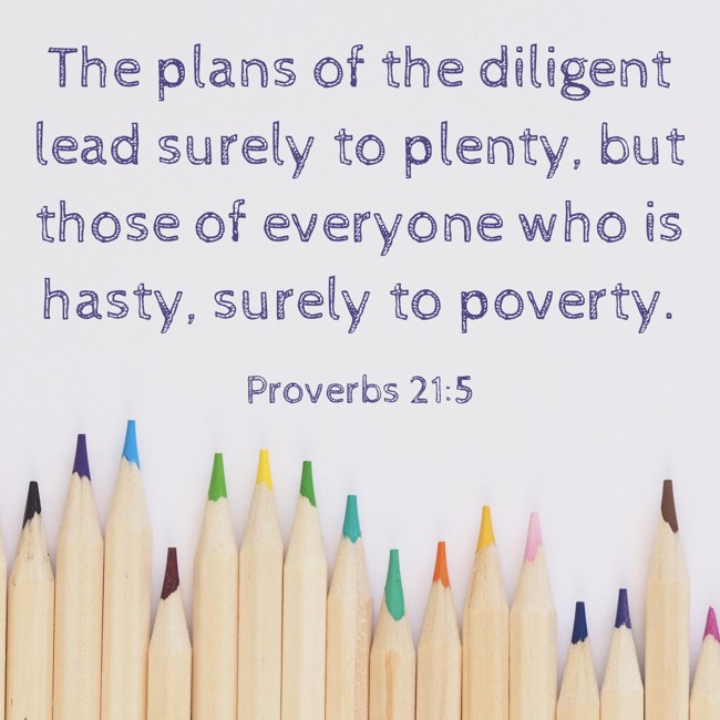 The plans of the diligent lead surely to plenty, but those of everyone who is hasty, surely to poverty. - Proverbs 21:5