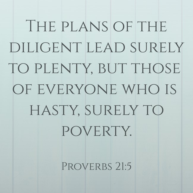  The plans of the diligent lead surely to plenty, but those of everyone who is hasty, surely to poverty.   - Proverbs 21:5 