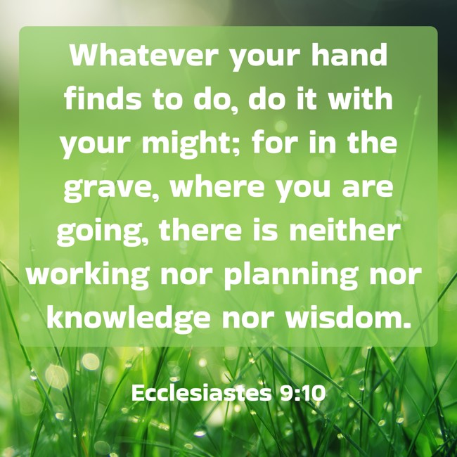  Whatever your hand finds to do, do it with your might; for in the grave, where you are going, there is neither working nor planning nor knowledge nor wisdom.   - Ecclesiastes 9:10 
