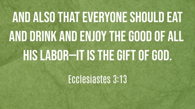  And also that everyone should eat and drink and enjoy the good of all his labor—it is the gift of God.   - Ecclesiastes 3:13 