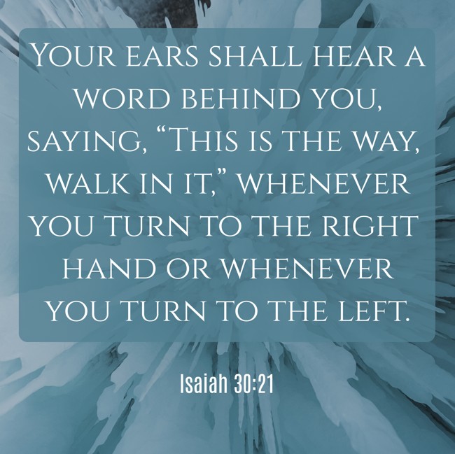  Your ears shall hear a word behind you, saying, “This is the way, walk in it,” whenever you turn to the right hand or whenever you turn to the left.   - Isaiah 30:21 