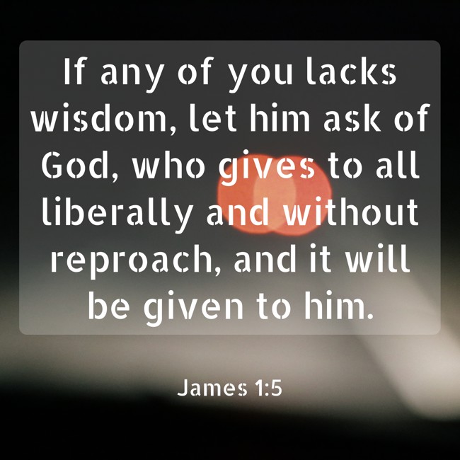 If any of you lacks wisdom, let him ask of God, who gives to all liberally and without reproach, and it will be given to him. - James 1:5
