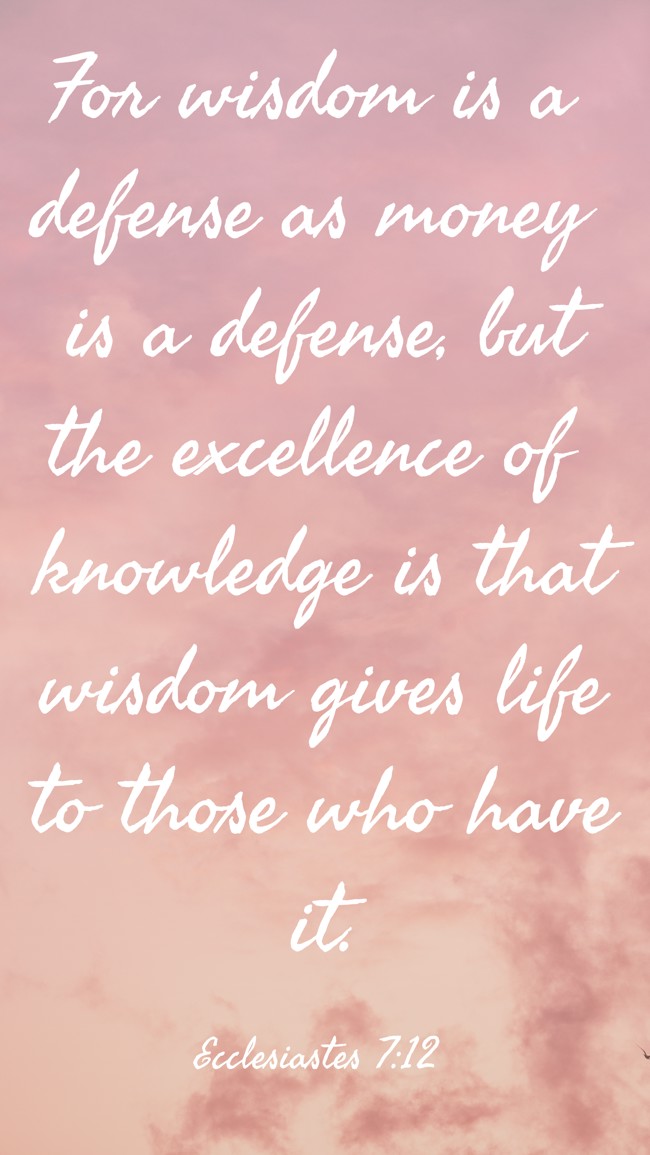 For wisdom is a defense as money is a defense, but the excellence of knowledge is that wisdom gives life to those who have it. - Ecclesiastes 7:12