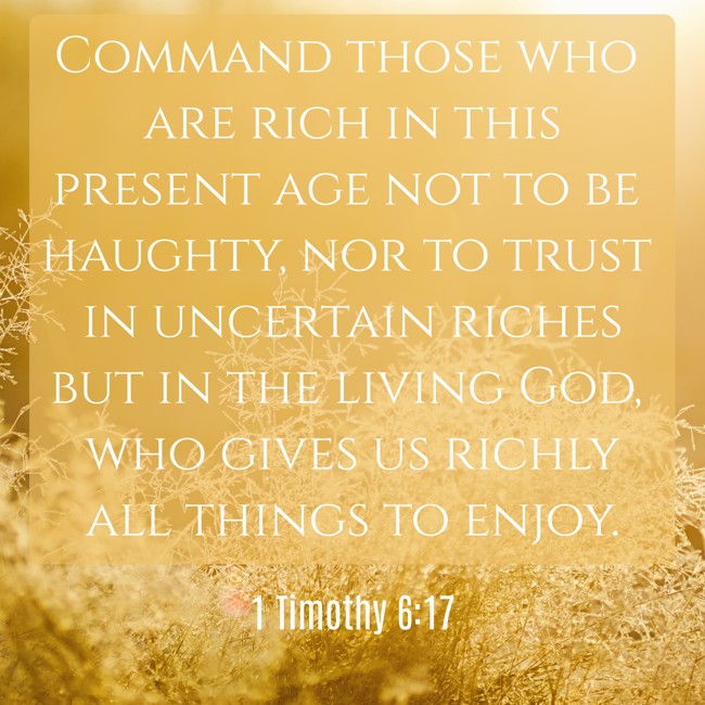 Command those who are rich in this present age not to be haughty, nor to trust in uncertain riches but in the living God, who gives us richly all things to enjoy. - 1 Timothy 6:17