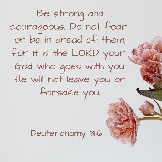 Be strong and courageous. Do not fear or be in dread of them, for it is the LORD your God who goes with you. He will not leave you or forsake you. - Deuteronomy 31:6