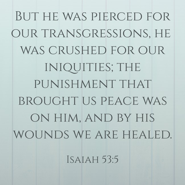 But he was pierced for our transgressions, he was crushed for our iniquities; the punishment that brought us peace was on him, and by his wounds we are healed. - Isaiah 53:5