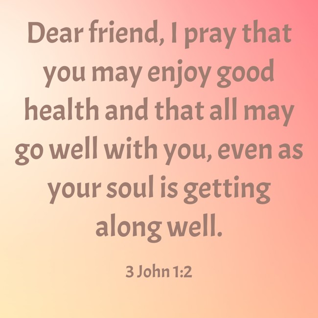 Dear friend, I pray that you may enjoy good health and that all may go well with you, even as your soul is getting along well. - 3 John 1:2