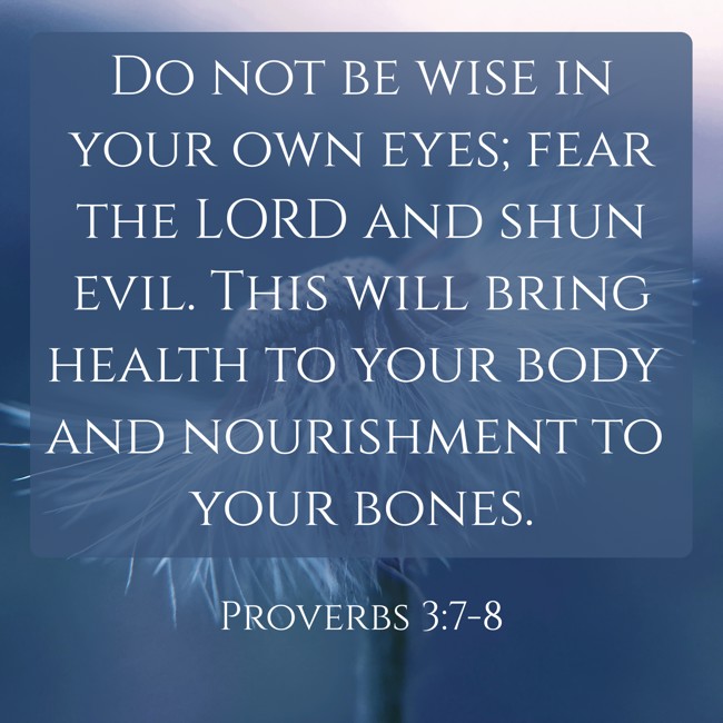 Do not be wise in your own eyes; fear the LORD and shun evil. This will bring health to your body and nourishment to your bones. - Proverbs 3:7-8