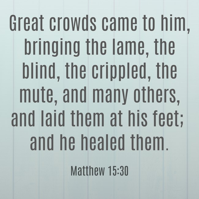 Great crowds came to him, bringing the lame, the blind, the crippled, the mute, and many others, and laid them at his feet; and he healed them. - Matthew 15:30