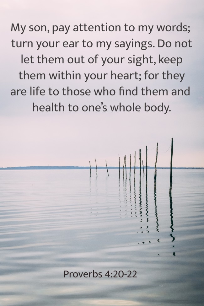 My son, pay attention to my words; turn your ear to my sayings. Do not let them out of your sight, keep them within your heart; for they are life to those who find them and health to one’s whole body. - Proverbs 4:20-22